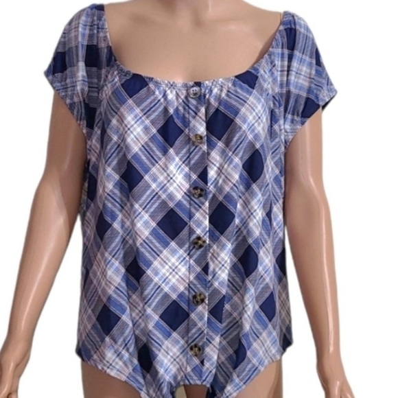 No Comment Tops - No Comment Off Shoulder Top Navy Plaid